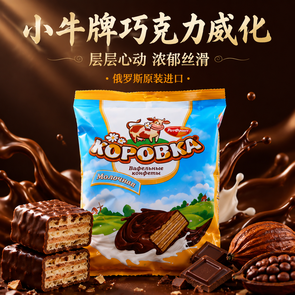 俄罗斯进口小牛巧克力威化奶油饼干kopobka休闲零食独立装250克