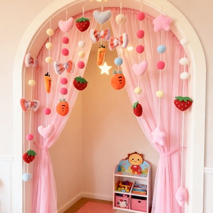 少女心草莓门帘免打孔魔术贴半帘家用帘子门帘遮挡帘布帘挂帘成品