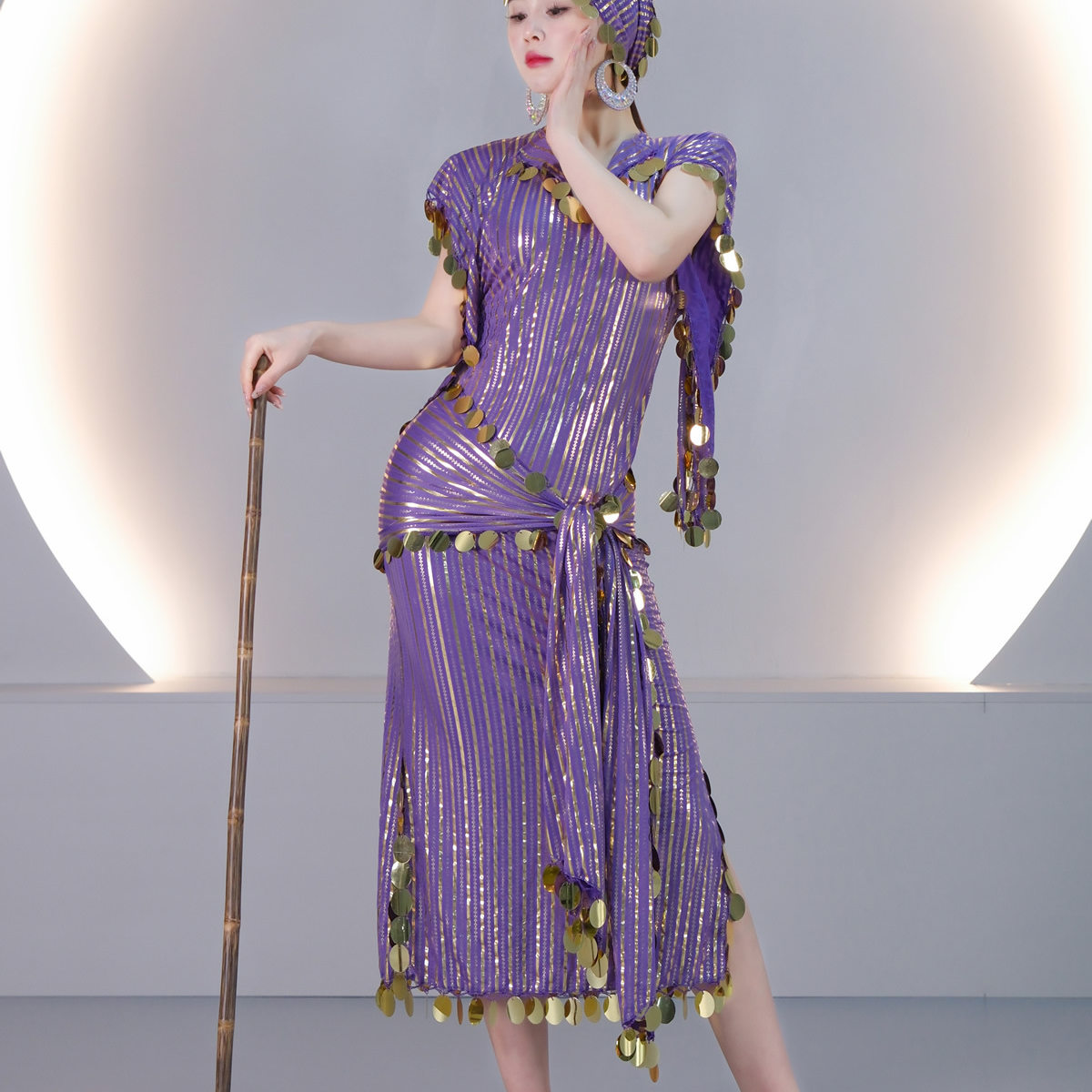 舞娘埃及款袍子Saidi藤杖舞民俗baladi亮片烫金条纹短袍艳后5095