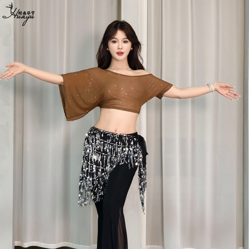 肚皮舞服装上衣2025夏季新款性感网纱短袖练功服东方舞蹈上装女