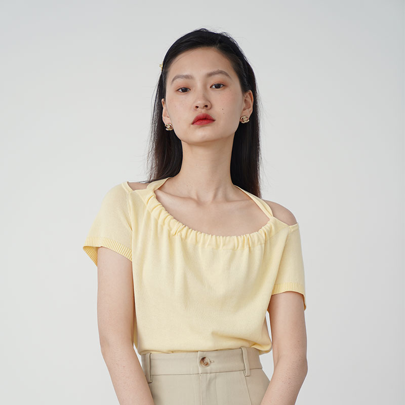 StudioFun/SS挂脖绑带针织衫女夏薄款两穿式设计感小众短袖上衣