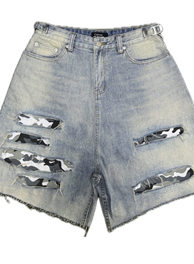 Cseven水洗刀割破坏牛仔七分裤假两件迷彩内衬复古baggy宽松男