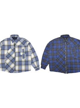 C7解构夹棉拉链衬衫 不规则拼接格纹法兰绒翻领宽松廓形oversize