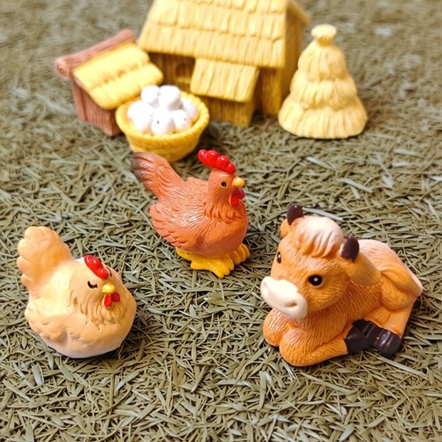 微景观仿真小牛小猪母鸡动物公仔摆件开心农场装饰品桌面车载摆件
