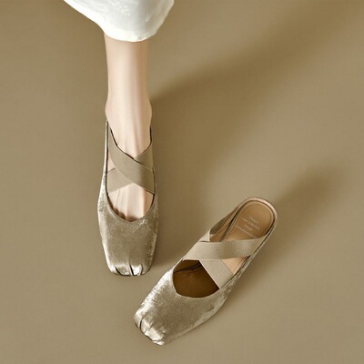 ins力荐！巨巨软~新中式交叉带包头半拖鞋女夏中跟方头芭蕾穆勒鞋