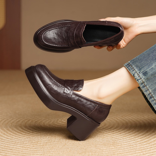 店主力荐!轻底版!增高7厘米~头层羊皮乐福鞋高跟厚底英伦小皮鞋
