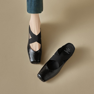 ins力荐！巨巨软~羊皮交叉带包头半拖鞋女夏中跟方头芭蕾穆勒鞋