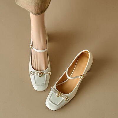 ins店主自留！巨好穿~羊皮珍珠一字带玛丽珍鞋女粗跟方头高跟单鞋