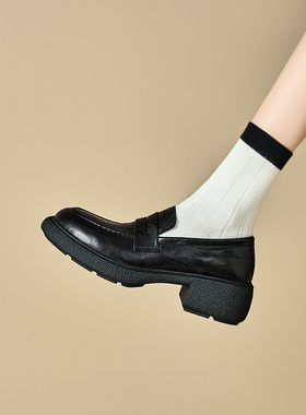 ins软软软！静音底~羊皮厚底乐福鞋女英伦圆头中跟增高黑色小皮鞋