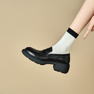 ins软软软！静音底~羊皮厚底乐福鞋女英伦圆头中跟增高黑色小皮鞋