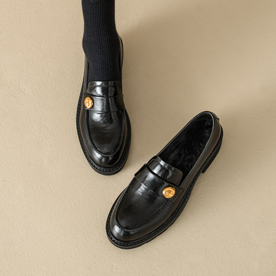 ins暖暖冬日！巨好穿~真皮厚底乐福鞋女圆头加绒中跟一脚蹬小皮鞋