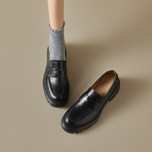 英伦小皮鞋 ins巨轻巨好穿 女高跟厚底单鞋 真皮乐福鞋 增高5厘米