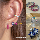 hellojune 925银粉色滴油小爱心心形浅紫圆形耳扣耳圈耳环