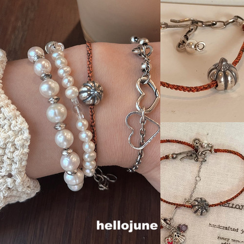 hellojune 通体925银做旧小南瓜 橘色杂线手绳万圣节手链