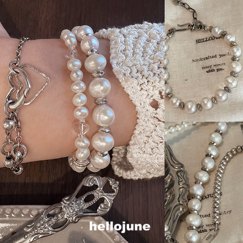 hellojune 间隔银珠 天然螺纹珍珠手链