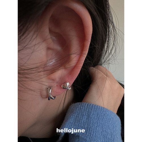 hellojune s925通体925银 X交叉耳圈 爱心耳骨环