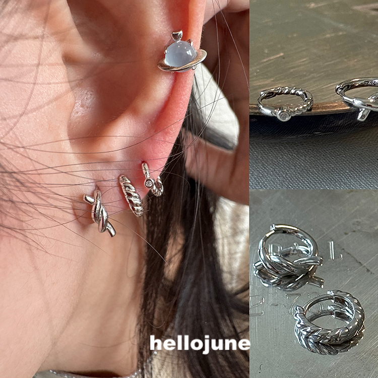 hellojune S925银 小圆耳圈多耳洞叠搭耳环 螺纹打结耳环