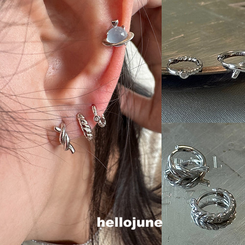 hellojune S925银 小圆耳圈多耳洞叠搭耳环 螺纹打结耳环