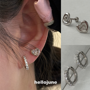 hellojune 基础排钻圆形耳圈爱心光泽感小众耳骨钉 s925通体925银