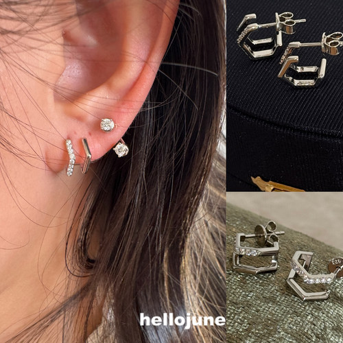 hellojune 通体925银 简约轻奢莫桑钻镂空双层耳钉C圈耳环