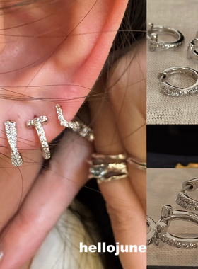 hellojune 通体925银 交叉排钻耳环 T字圆圈耳圈