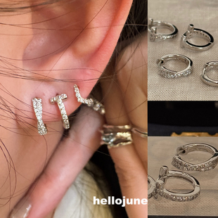 交叉排钻耳环 T字圆圈耳圈 通体925银 hellojune