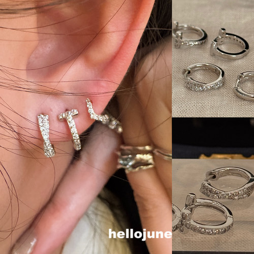 hellojune 通体925银 交叉排钻耳环 T字圆圈耳圈