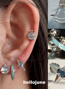 hellojune S925银 蓝色系星球系列 土星耳饰星芒耳钉闪耀星星耳环