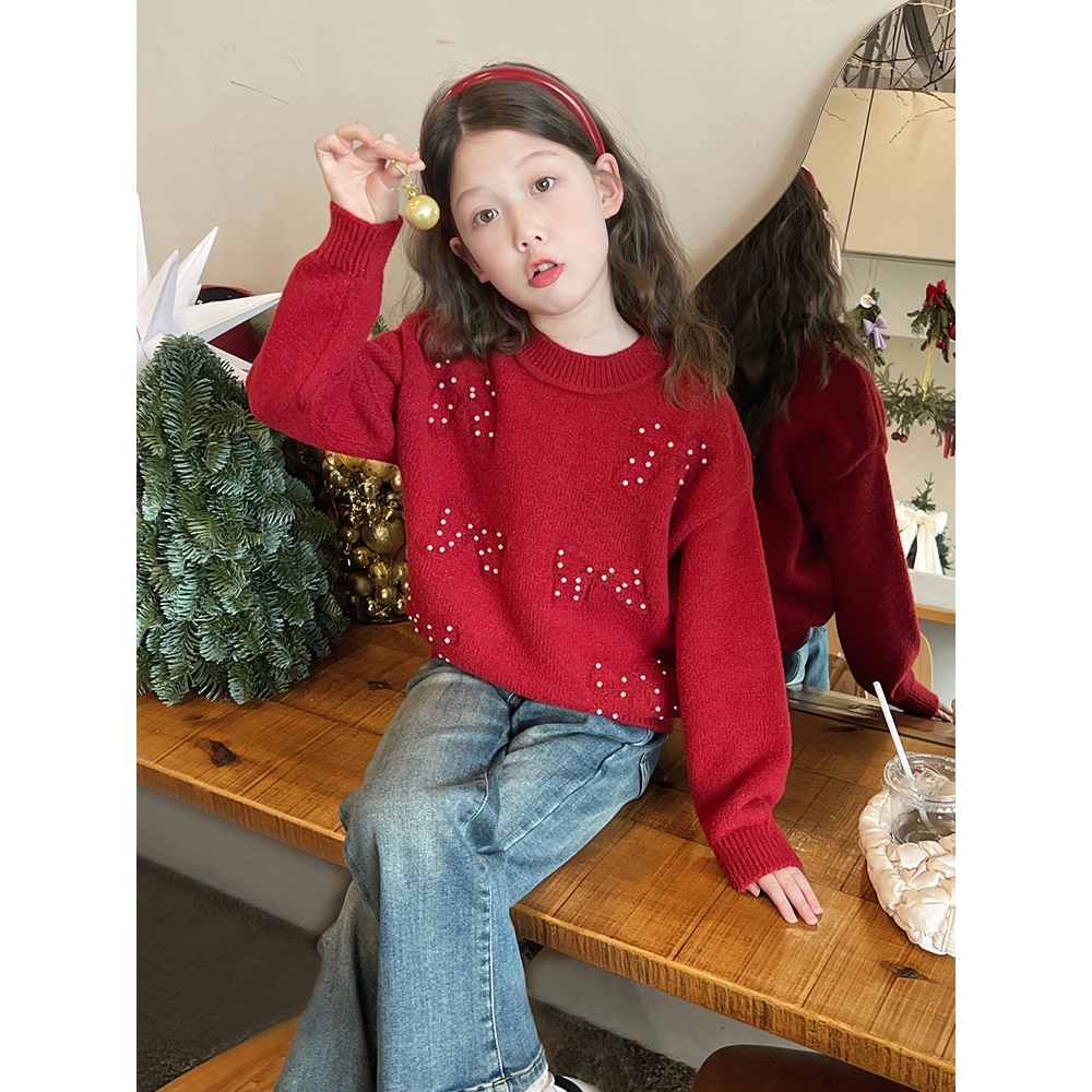 日韩儿童毛衫线衣女童新年红针织衫大童装半高领毛衣女孩2025冬装