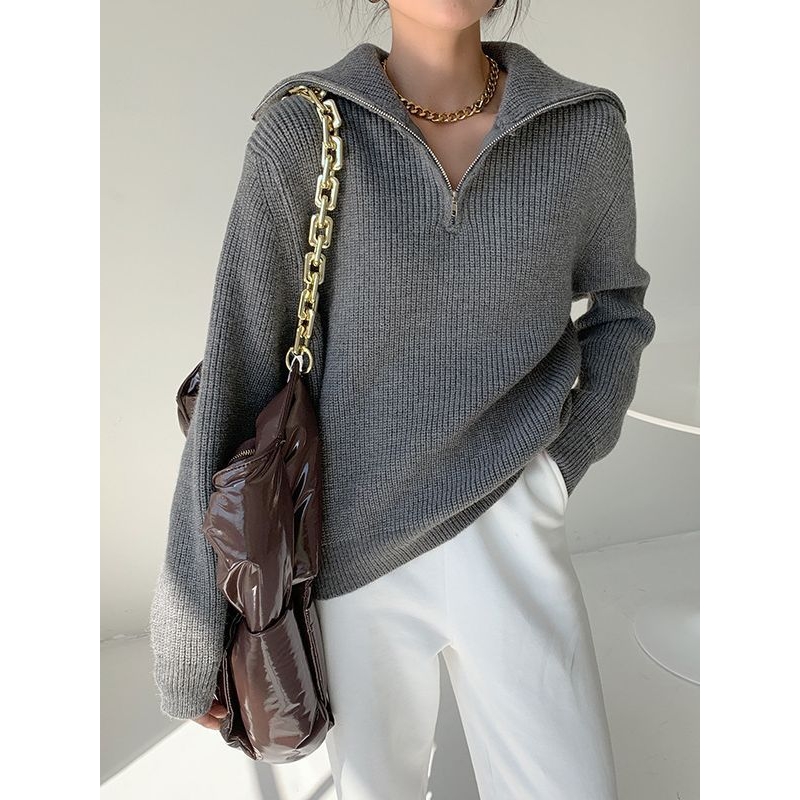 日韩2025年秋冬新款拉链毛衣针织衫女宽松外穿打底洋气上衣设计感
