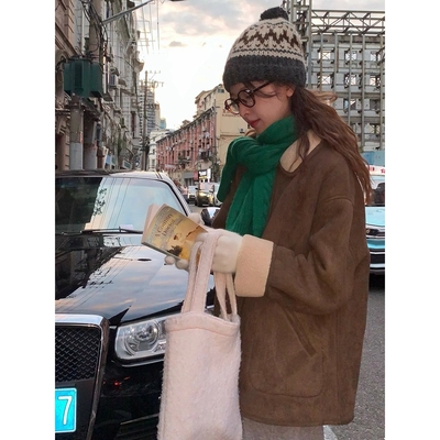 日韩719# RAINY 甜酷两穿皮毛一体翻领短款复古直筒毛毛短外套秋