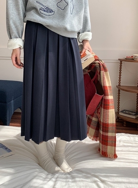 日韩 Morning 时髦知识分子 高腰A字百褶裙毛呢半身裙ZY2299