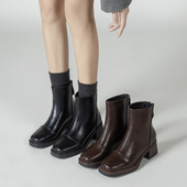 高跟短靴方头2025新款 女秋冬加绒瘦瘦靴粗跟高级感舒适百搭马丁靴