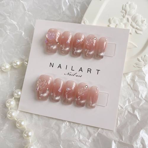 【山茶花猫眼】原创实拍手工穿戴甲美甲甲片猫眼极光钻闪粉珍珠