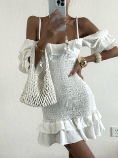 辣辣家欧美风复古度假风女抽褶收腰高级气质百搭一字肩连衣裙