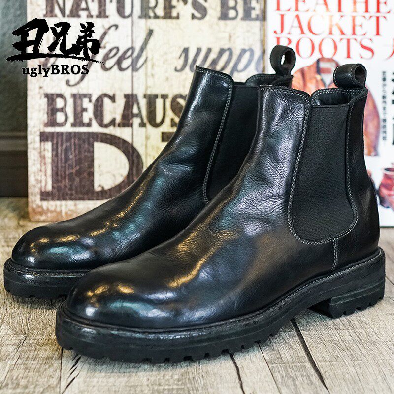 秋冬新款uglybros哈雷凯旋摩托车复古骑行靴无鞋带切尔西牛皮靴子