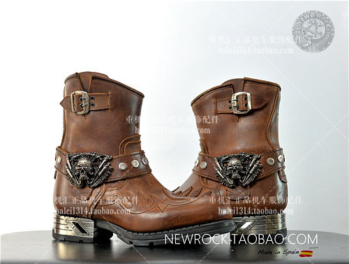 西班牙产NewRock牛皮复古个性骷髅铆钉哈雷摩托骑士机车短筒男靴