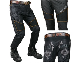 刺绣涂层哈雷骑士机车牛仔裤 男士 韩国产修身 长裤 黑色 个性 现货新品
