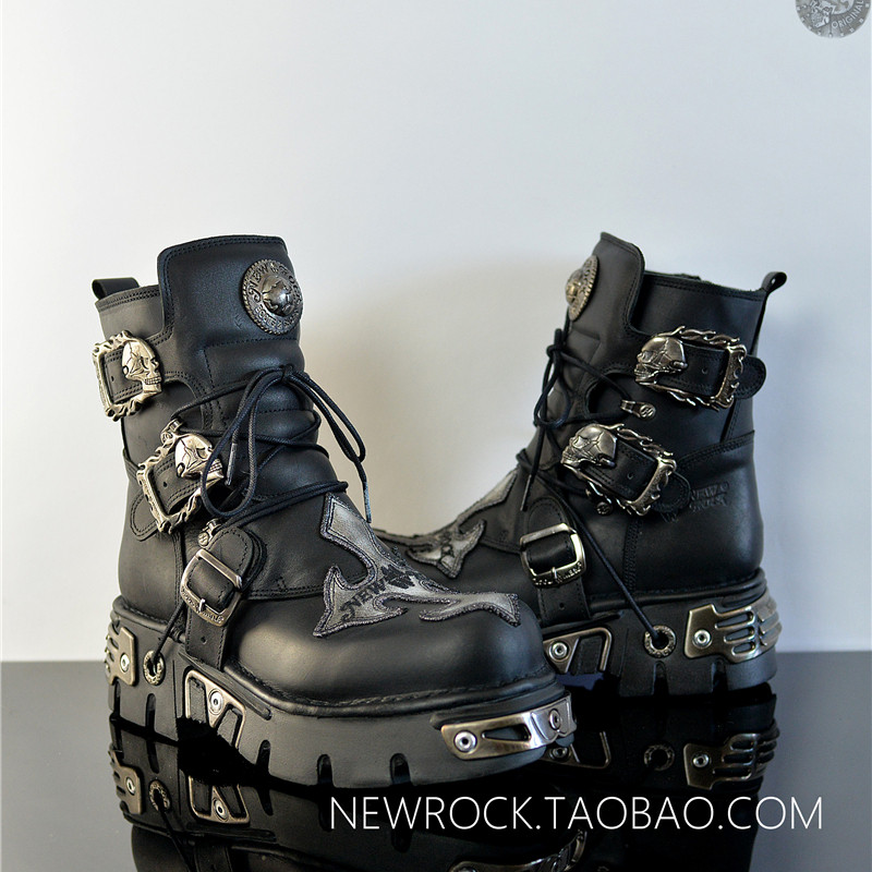 NewRock西班牙进口个性牛皮男女手工哈雷皮靴短筒金属骷髅骑行靴