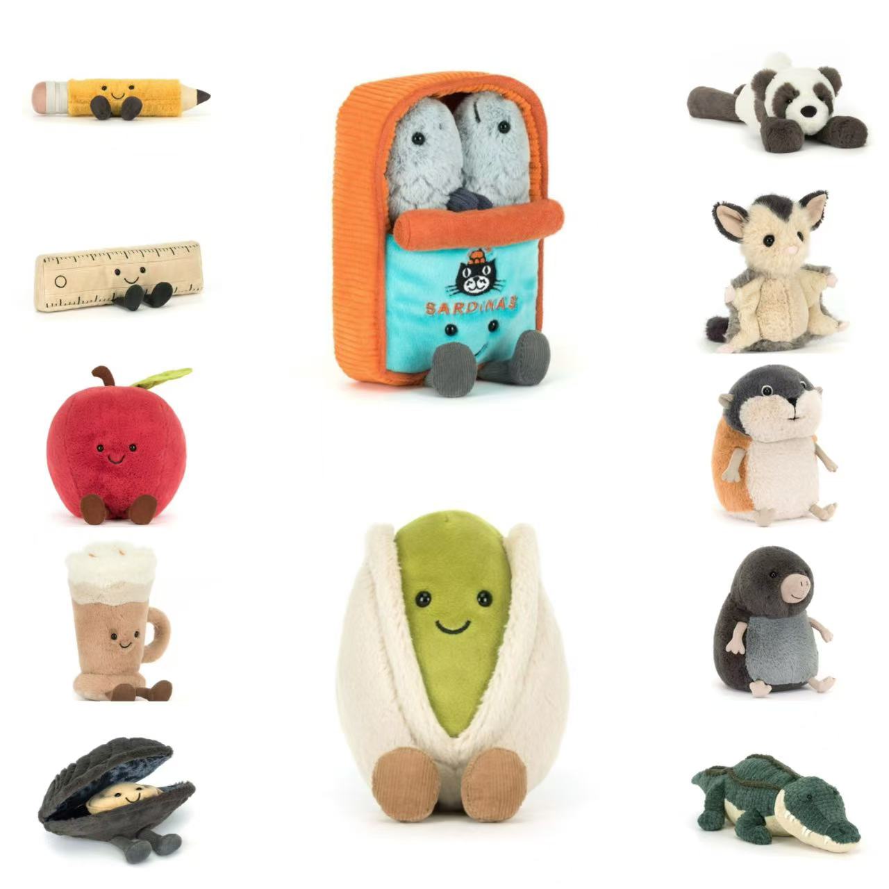 英国jellycat开心果旅鼠铅笔尺子拿铁苹果牡蛎沙丁鱼罐头毛绒玩具