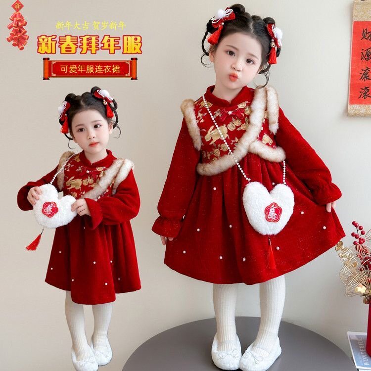 女童连衣裙秋冬款2025新款儿童中国风汉服裙新中式红色拜年服裙子