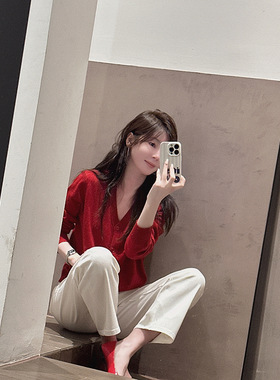 CHIA 颜色巨正的红上身显白大v领排扣简洁基础款35羊毛针织开衫