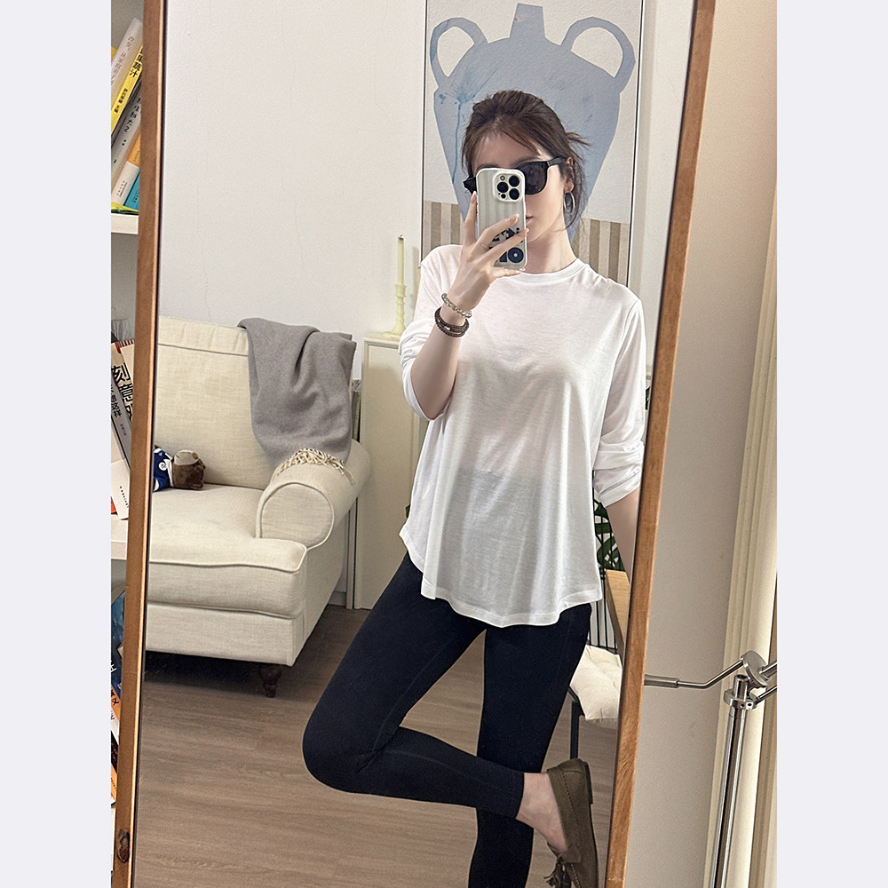 CHIA 设计师款弧形边正肩轻薄微透长袖莱赛尔精梳棉防晒t两色