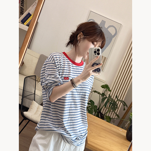 CHIA春夏浅蓝条纹撞色领轻薄可做防晒衫的中长款麻感棉长袖t