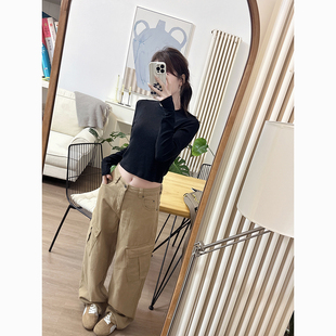 颓废家 颜色巨正的洋气深卡其色水洗无弹牛仔料口袋款工装堆堆裤