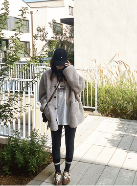 CHIA冬中长款宽松版型不挑人百搭洋气灰气质环保复合保暖毛绒外套