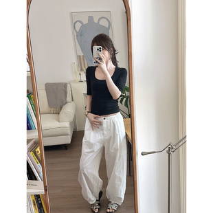 CHIA春轻薄帅气低腰围窄腰松紧腰收脚慵懒风美式防晒裤小个子福音