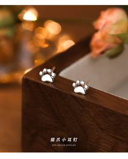 猫咪纯银耳钉养耳洞耳圈女睡觉免摘防过敏S999足银环正品深圳水贝