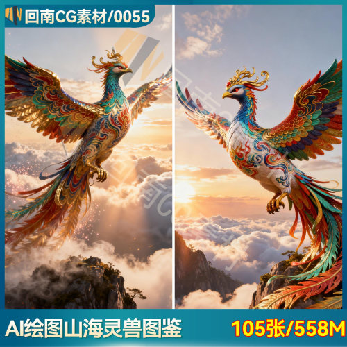 山海经凤凰等上古神兽AI绘画参考 150张国潮古风海报壁纸设计素材