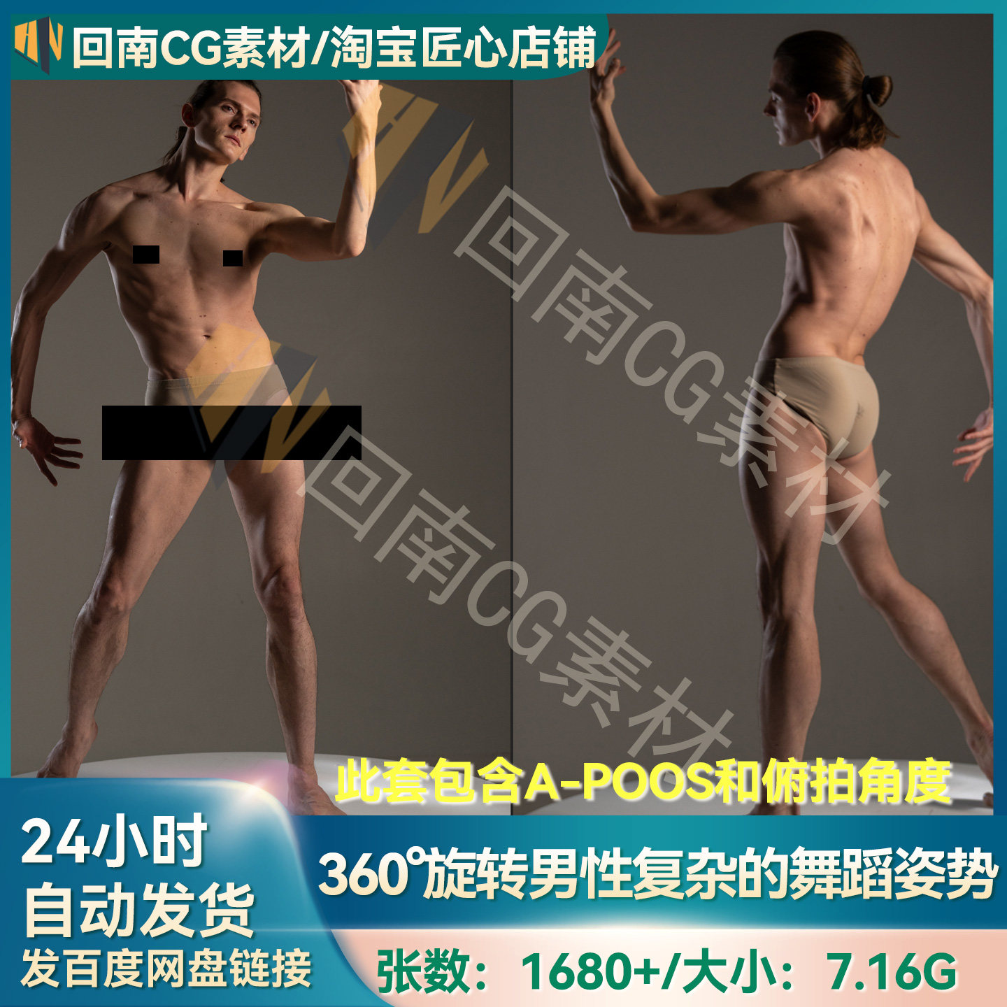 1680P肌肉男360°旋转男性复杂舞蹈动作舞者姿势含俯视角度参考图